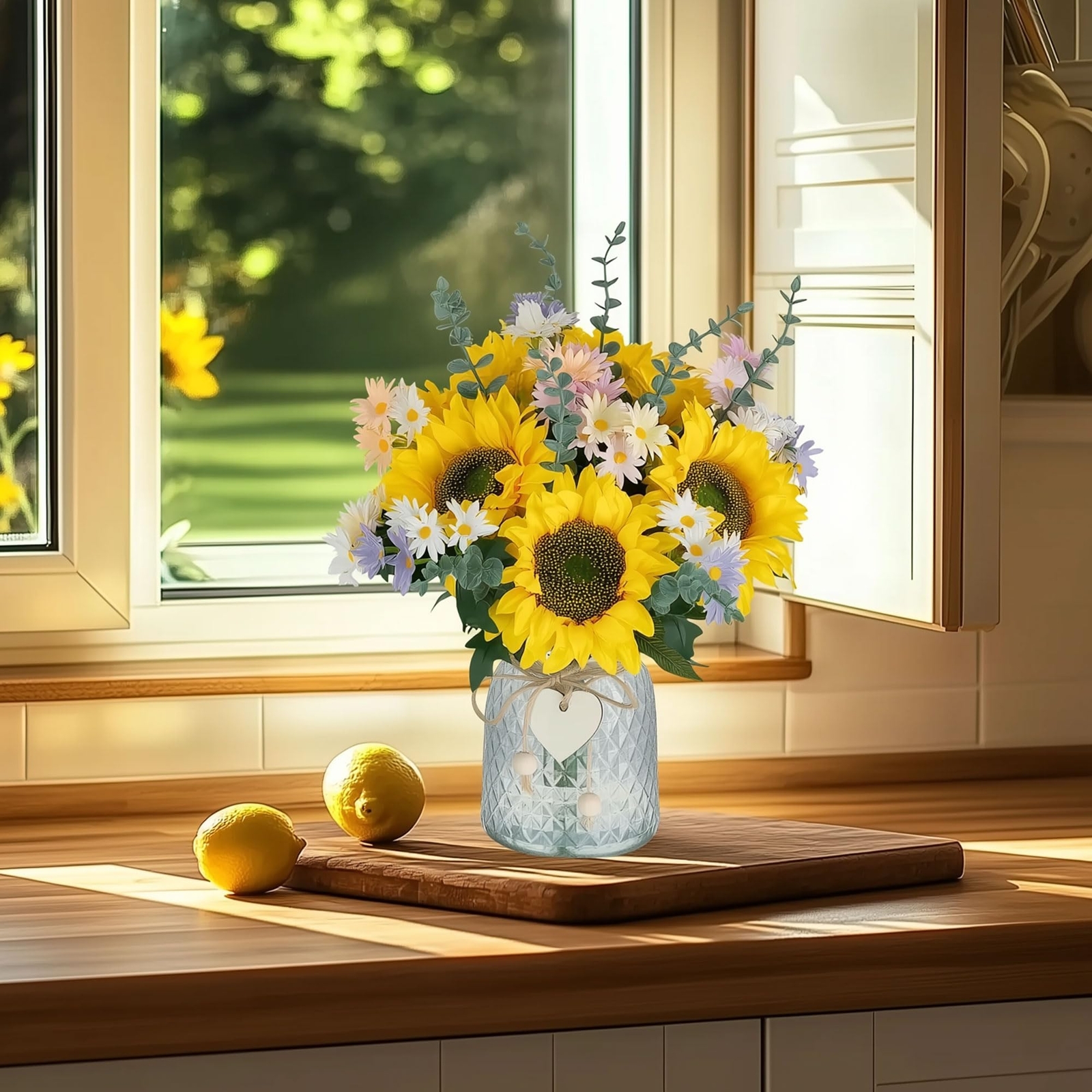 Sunflower Fake Flowers in Vase Sunflowers Artificial Flowers with Vase for Ta…
