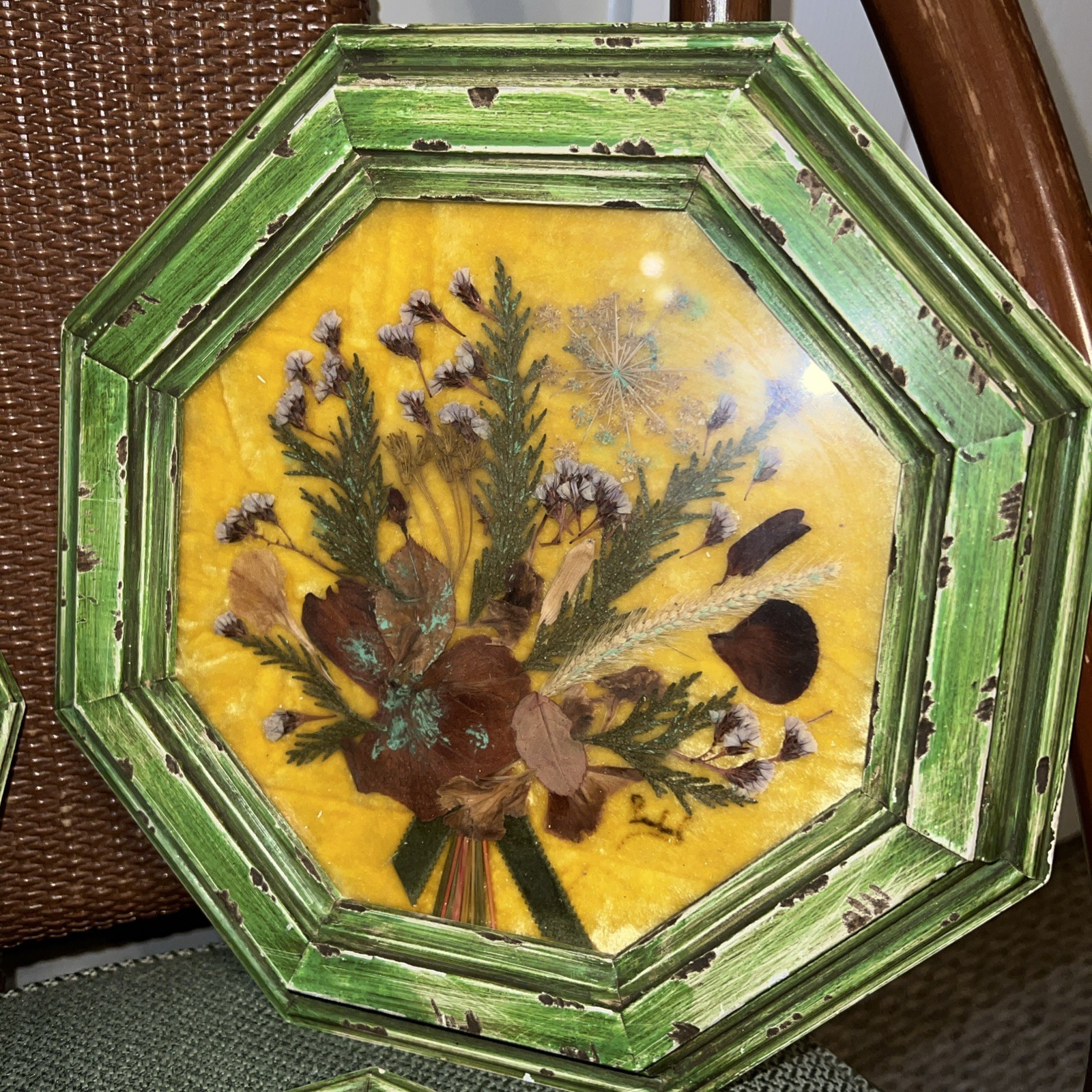 Set of 3 Beautiful Octagon Shaped Vintage Dried Flowers On Velvet Backing