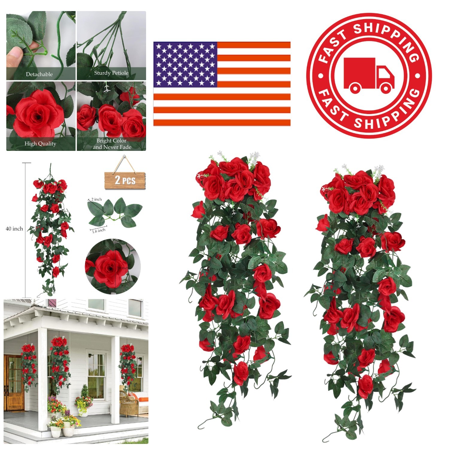Lifelike Hanging Flower Vines 2PCS 3.3 Feet Red Rose Decoration for Weddings
