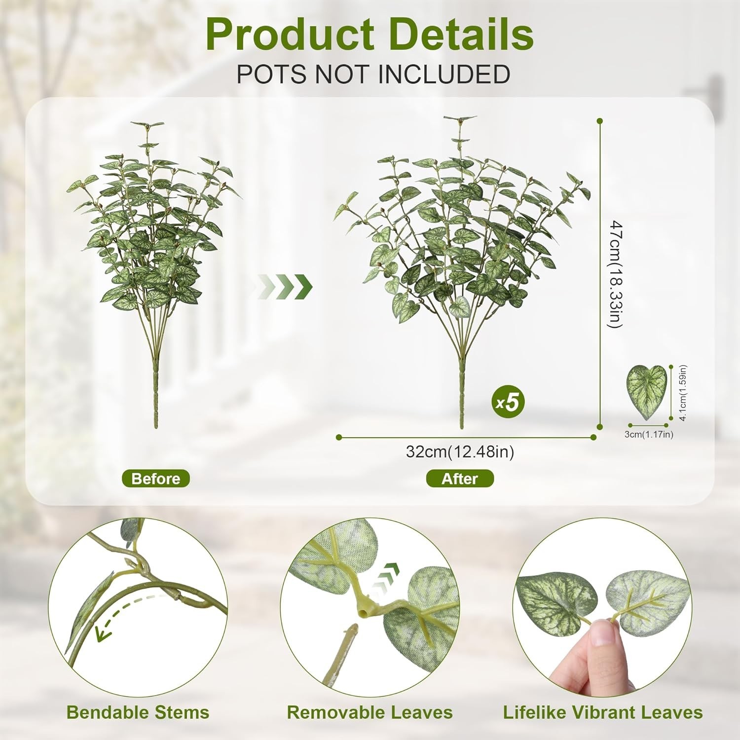 Artificial Plants Outdoor 5 Pcs, Faux Greenery Plants Outdoor UV Resistant Si…