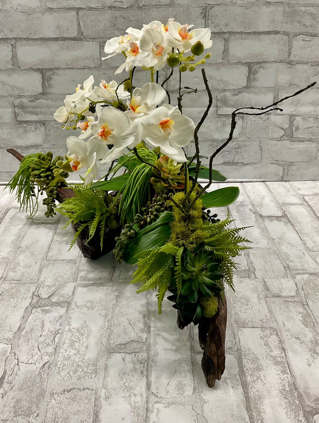 Large Driftwood Orchid Arrangement, White Real Touch Orchids Succulents 28’x17′