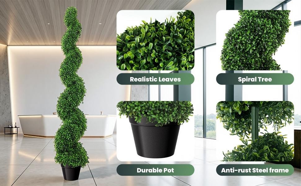 2PCS 5FT Artificial Boxwood Spiral Topiary Trees Rust-Resistant Faux Green Plan