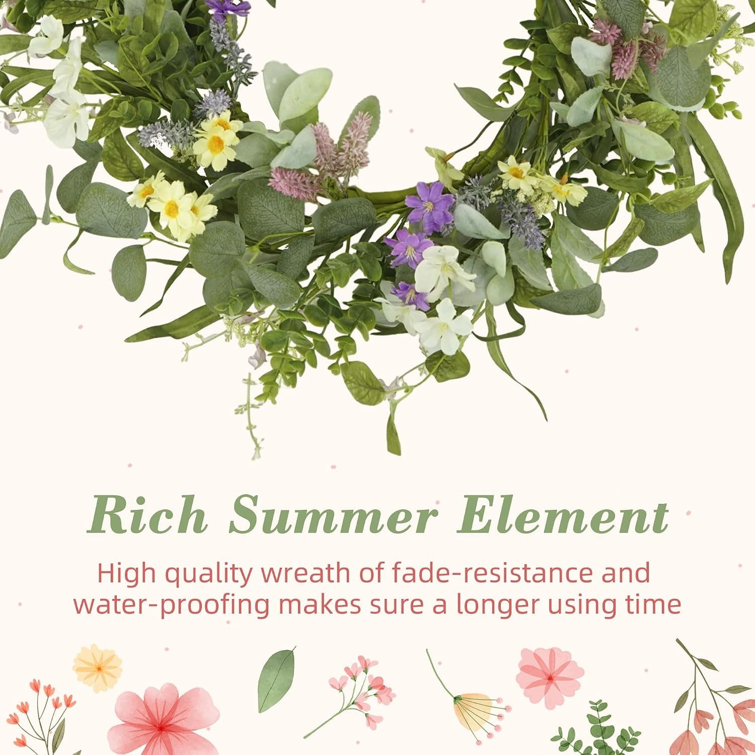 20-Inch Handcrafted Spring Summer Wreath with Eucalyptus & Multi-Colored Flowers