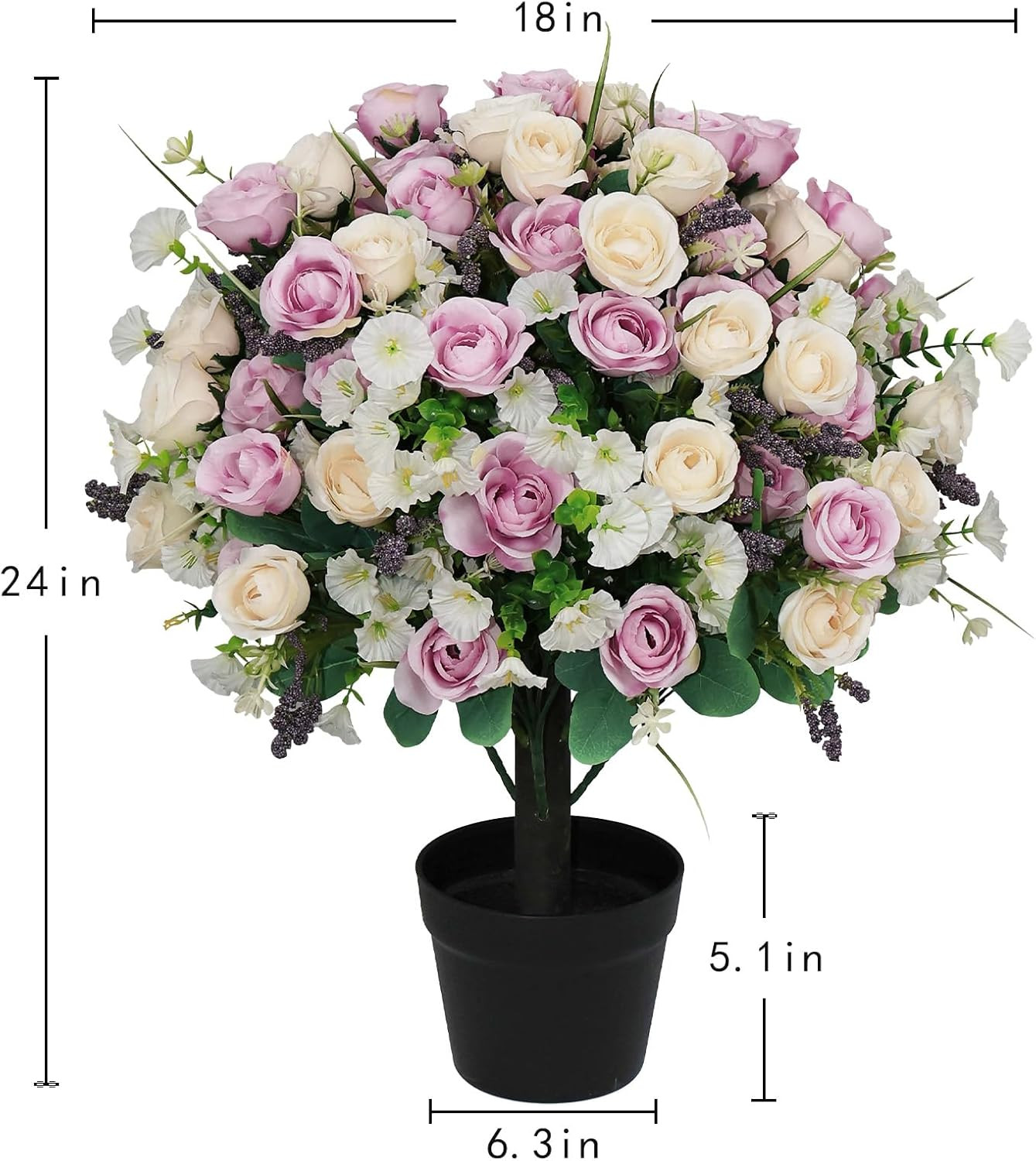24″ Artificial Outdoor Flowers Set of 2, Faux Rose with Eucalyptus Plants in Cem