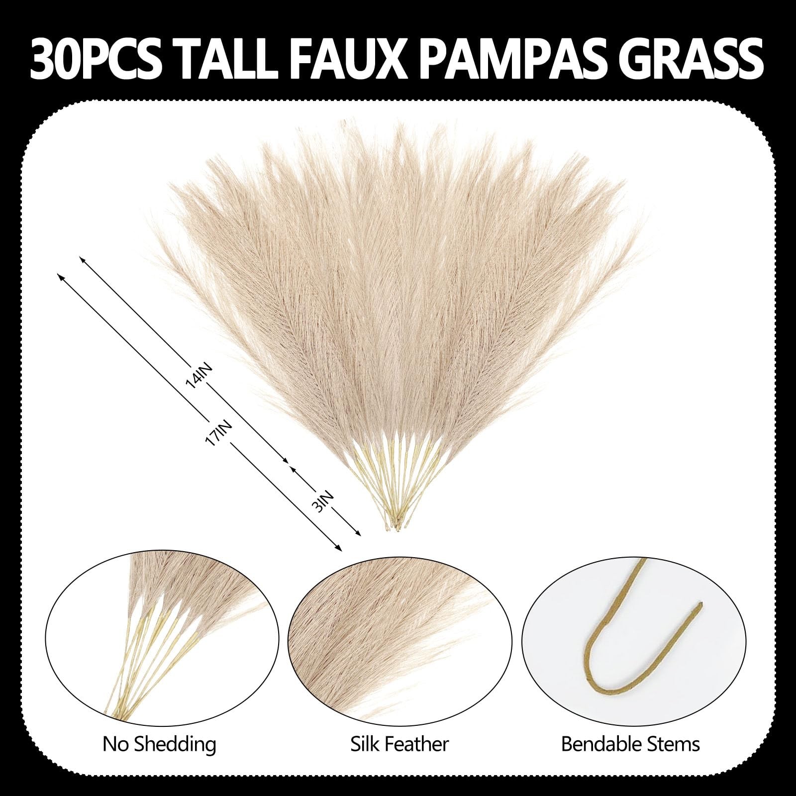 30 PCS Light Coffee Faux Pampas Grass 17 Inches Artificial Bulk Vase Filler