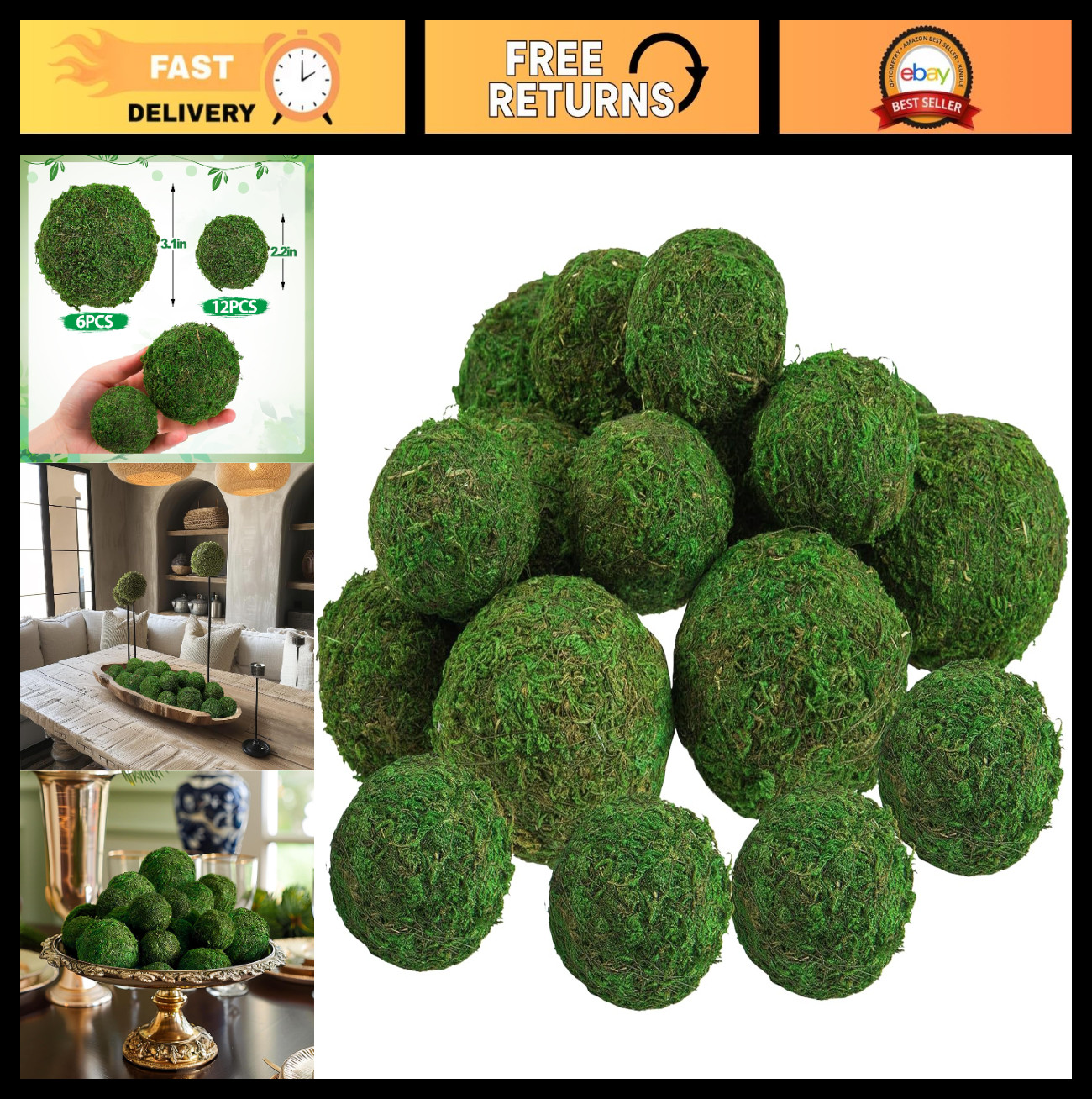 18 Pack Decorative Faux Dried Moss Balls – 6″ & 2.2″ Green Plant Spheres for Hom