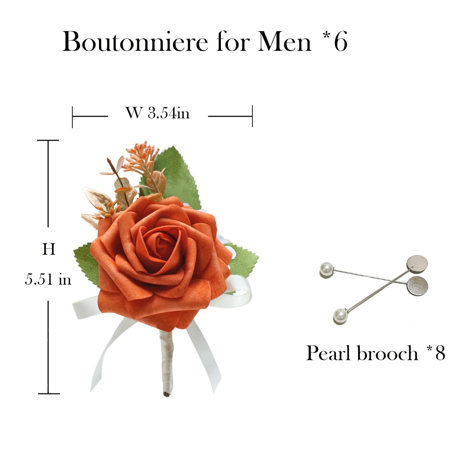 6 PCS Burnt Orange Rose Boutonniere Artificial Flower Men Wedding Groomsmen