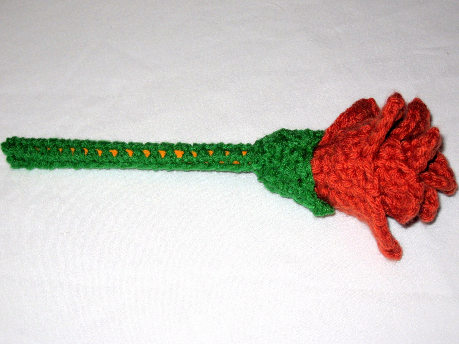 HANDMADE Knit CROCHETED Long GREEN Stem ORANGE ROSE Flower FLORAL Decor APPLIQUE