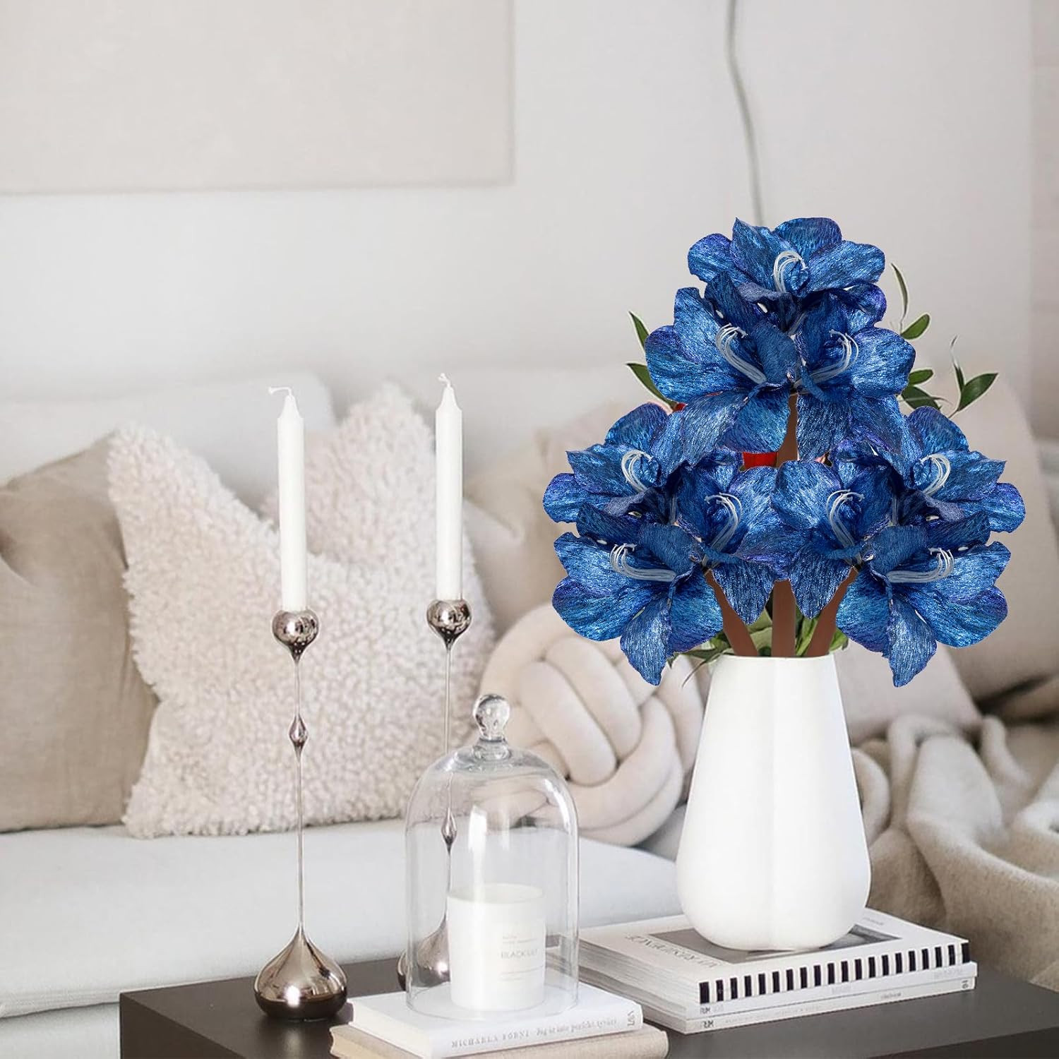Blue Glitter Amaryllis Stems – 19.7″ Faux Flowers for Christmas Decor