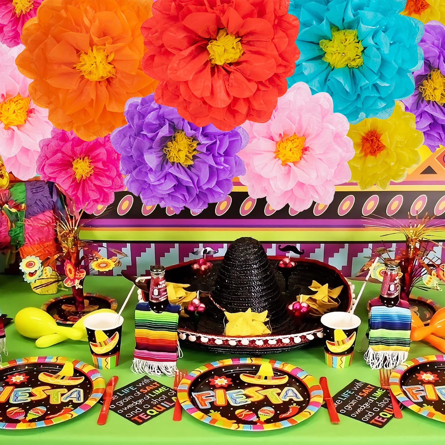 21 PCS Mexican Paper Flowers 7 Colors 3 Sizes Fiesta Tissue Flower for Party