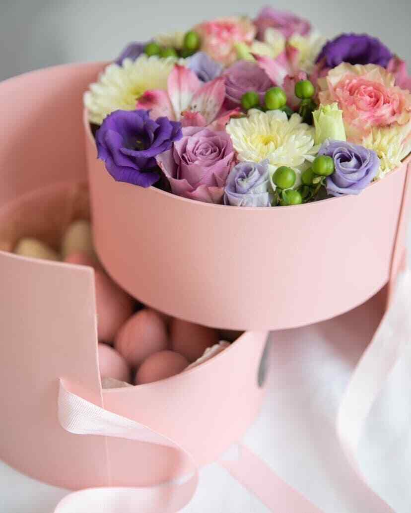 Premium Quality Round Shape Flower Box, Floral Gift Box, 2 Tier, with Lid, Pink