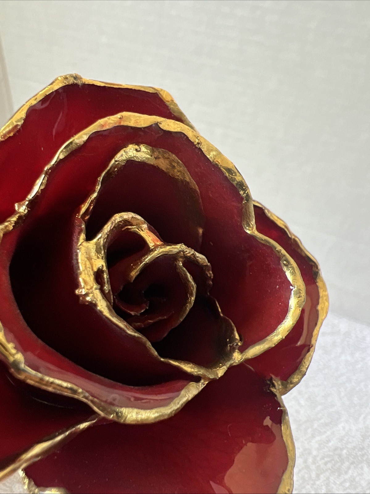 Handcrafted Preserved Red Rose Gloss Laquered With 24K Gold Plated Trimmed