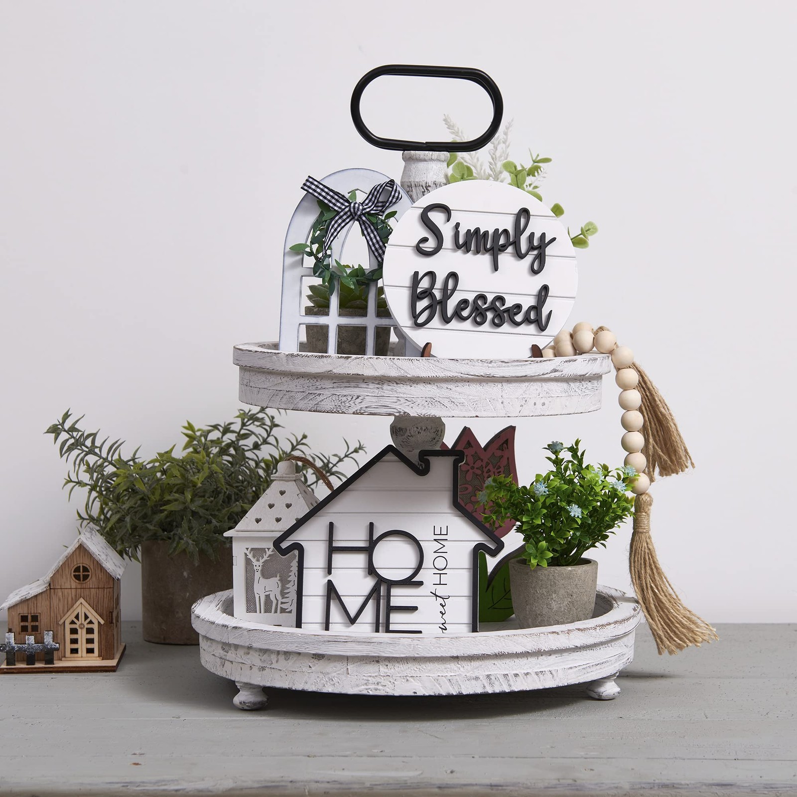 Rustic Farmhouse Tiered Tray Set with Succulent & Plant – Home Decor for Kitc…