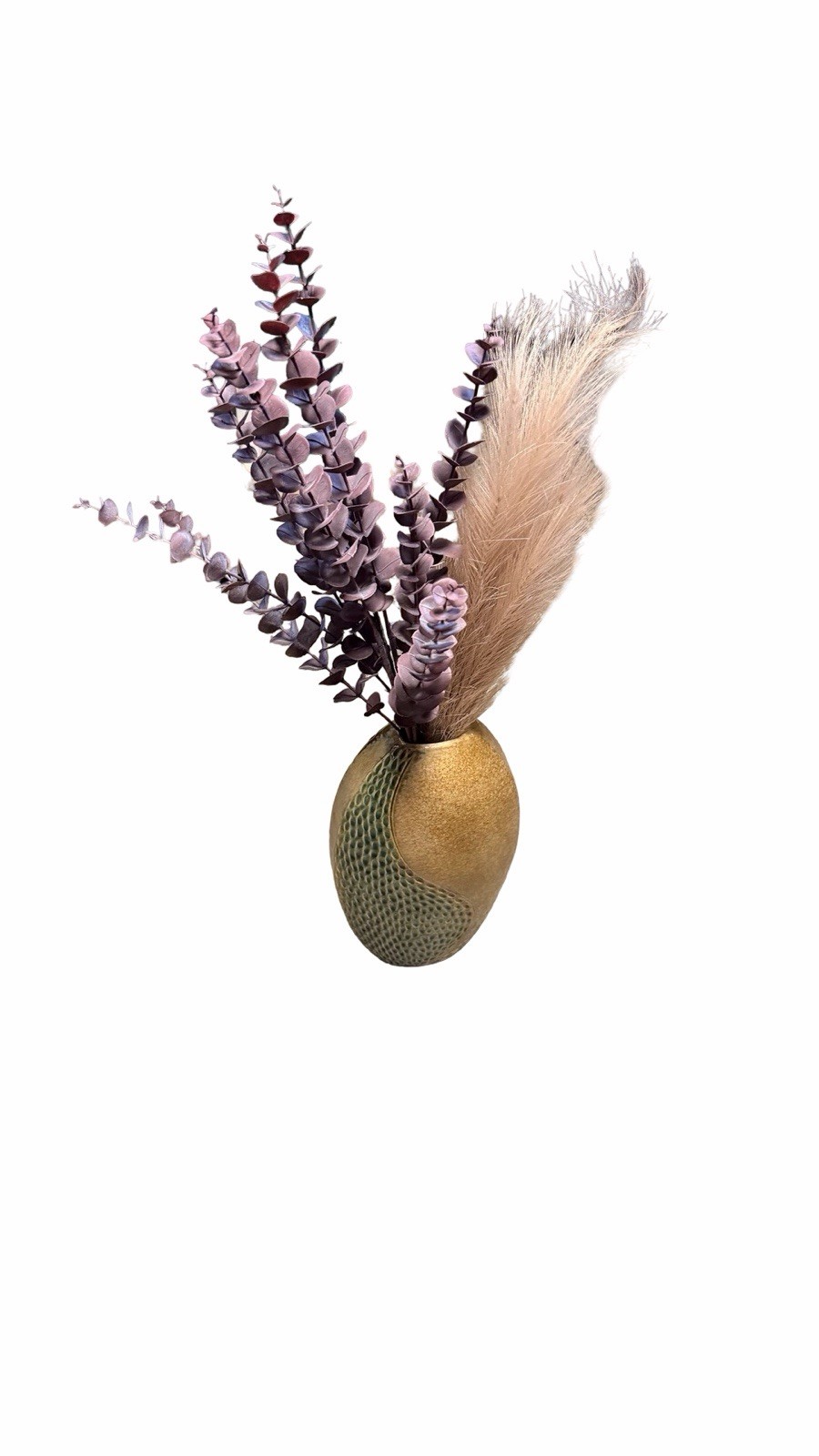 Modern Textured Ceramic Vase w Faux Pampas Eucalyptus Floral Arrangement