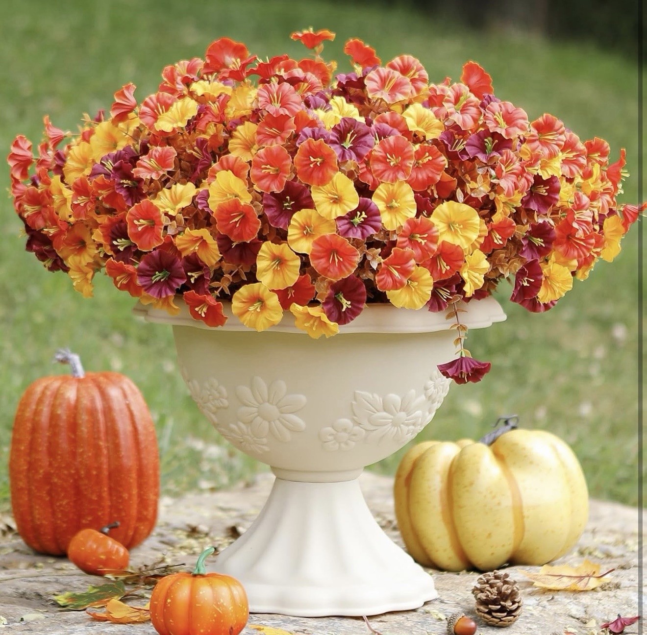 Artificial Petunia Flower Bouquet Red Yellow Orange 14.2in Fall Autumn Decor