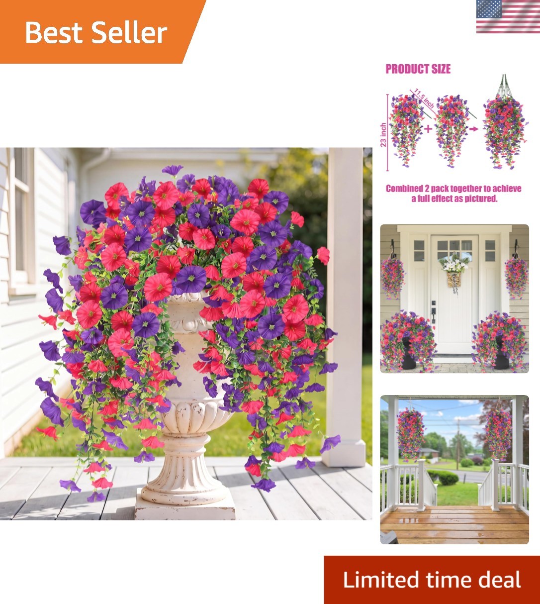 Elegant 2PCS Artificial Hanging Flowers: UV Resistant Morning Glory & Eucalyptus