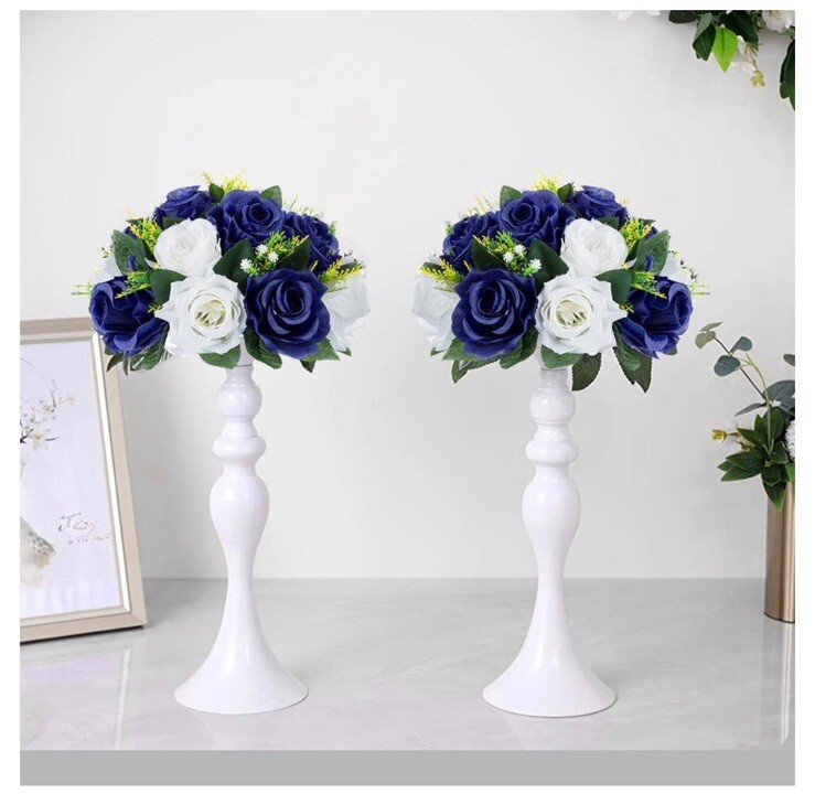9.5” Floral Centerpiece Navy Blue White Rose Artificial Silk Set Of 2