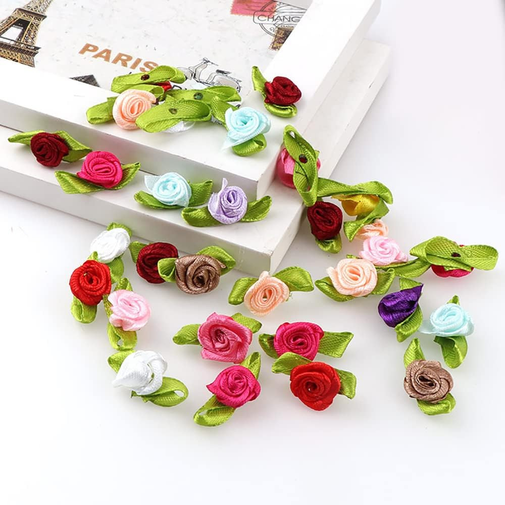 Mini Ribbon Roses, 100Pcs Artificial Fabric Flowers with Green Leaves Mixed Colo