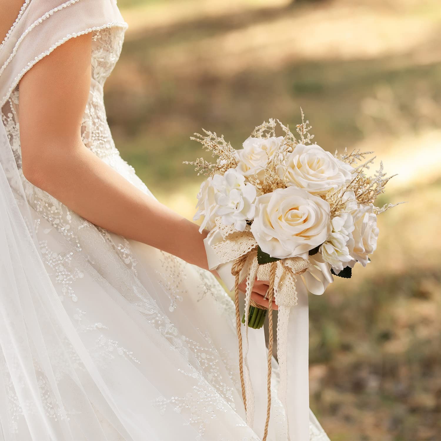 LEIFENY Artificial Plant, 1 Champagne White Rose Bridal Bouquet, 8.6 x 10.2 x…