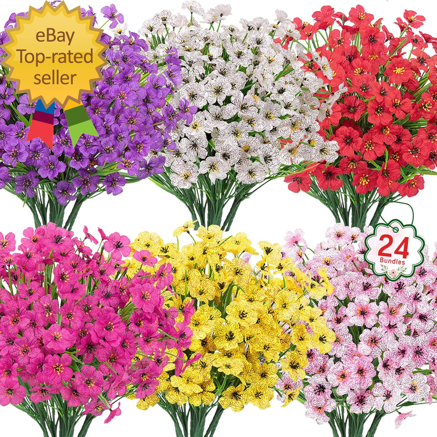 24 Bundles Artificial Flowers for Outdoors UV Resistant Silk Fake Flowers Faux P