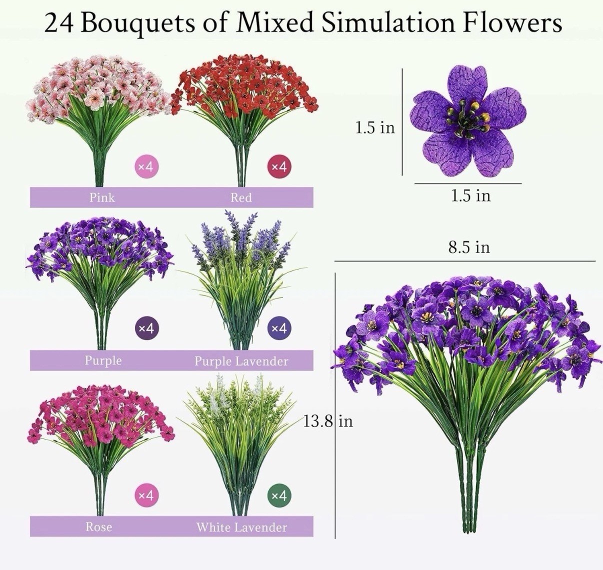 24 Bundles Artificial Flowers for Outdoors Fake Spring Flowers Plants UV Resista