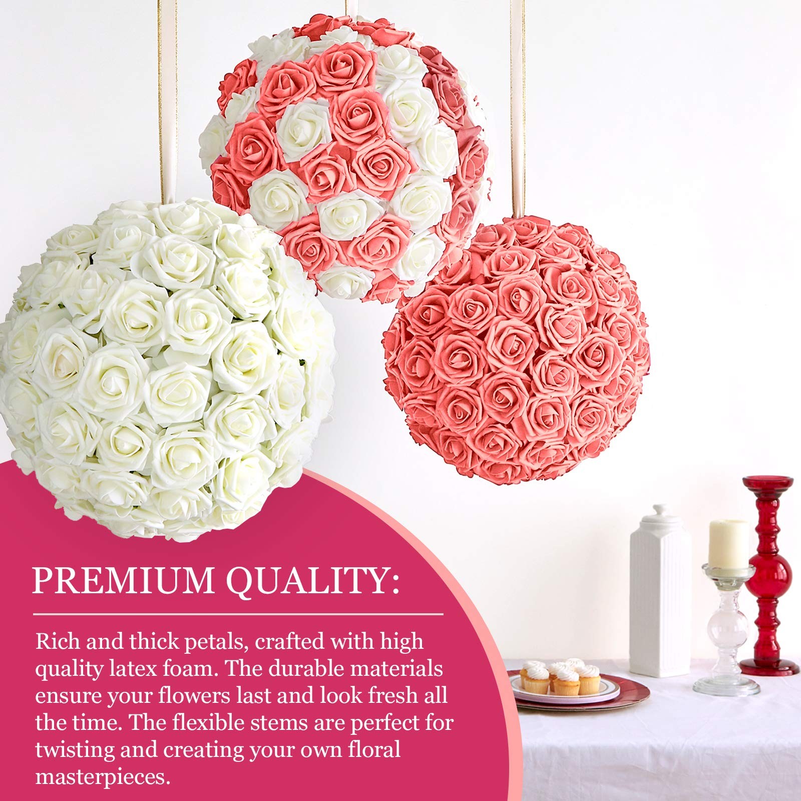 Artificial Peach Pink Foam Roses with Stems & Leaves – Pack of 50, Perfect fo…
