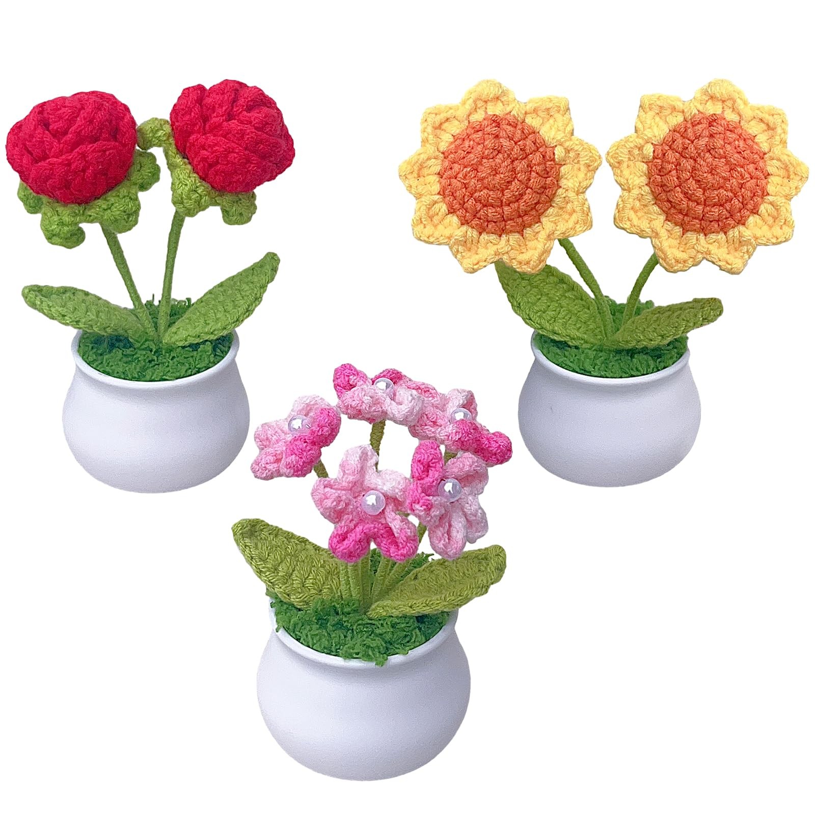 3 PCS Crochet Flower Pot Sunflower Red Rose Forget Me Not Small Potted Plants
