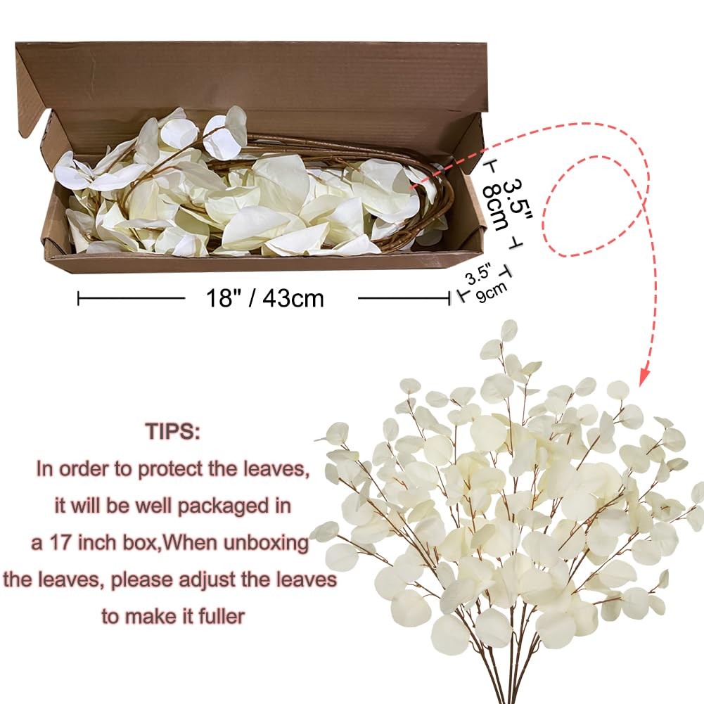 Cream White Eucalyptus Stems Fake Eucalyptu Leaves 34” Long Silver Dollar Lea…