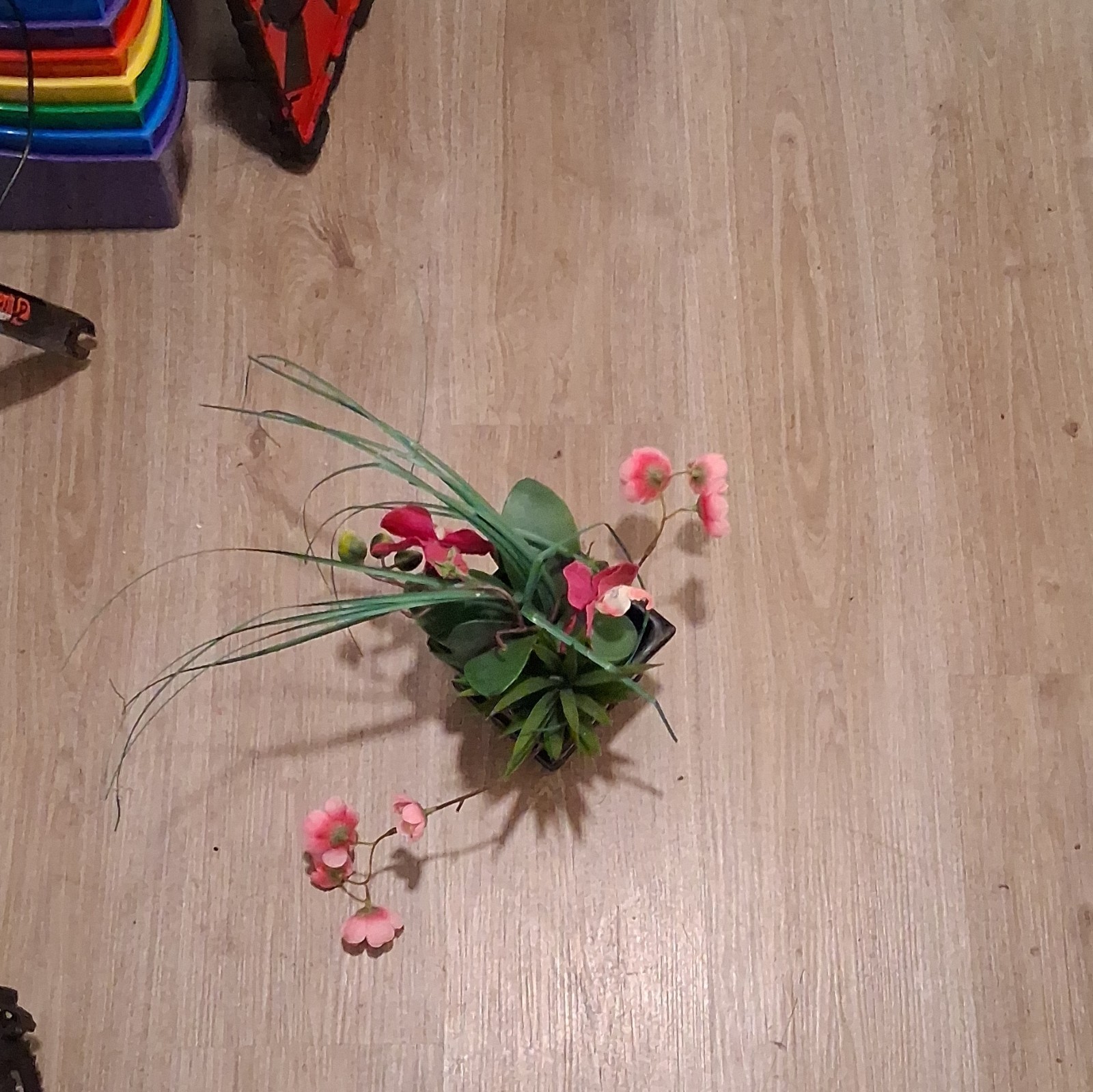 Artificial Pink Orchid Arrangement w/ Greenery Black Square Planter