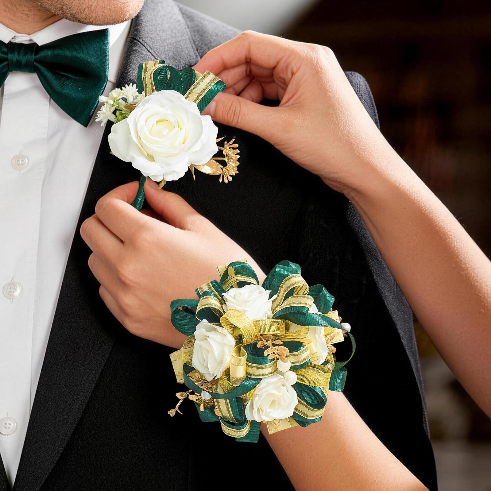 Prom Corsage Boutonniere Set Artificial Silk Ivory Rose Dark Green Ribbon