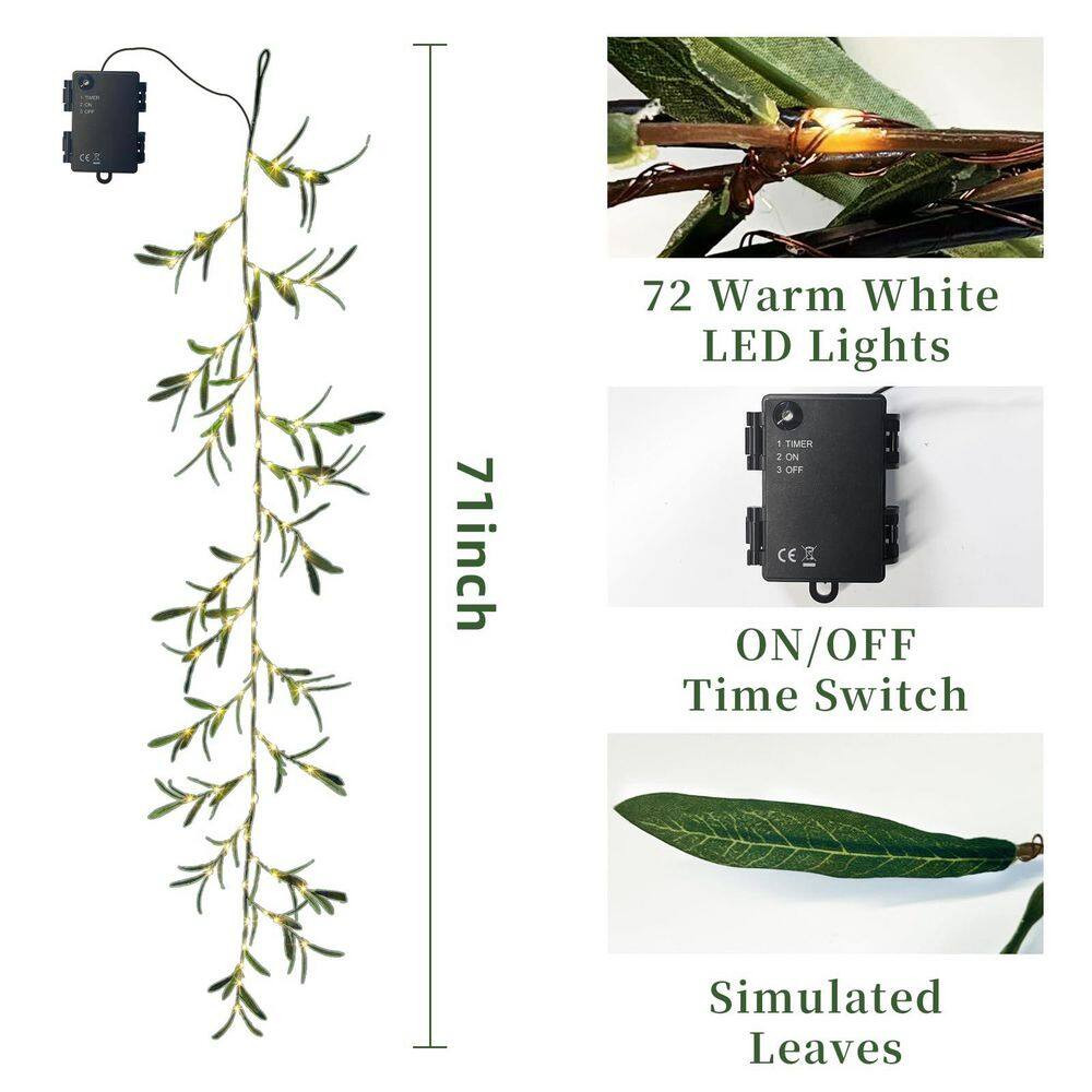 2.13 In. 6 In. Green Artificial Olive Vine Lighted Garland with 72 LED Lights an