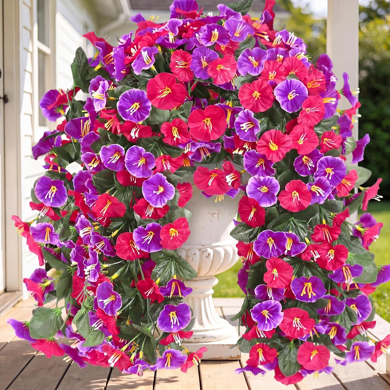 4Pcartificial Hanging Flowers Outdoor Uvresistant Morning Glory Rose Red Magenta