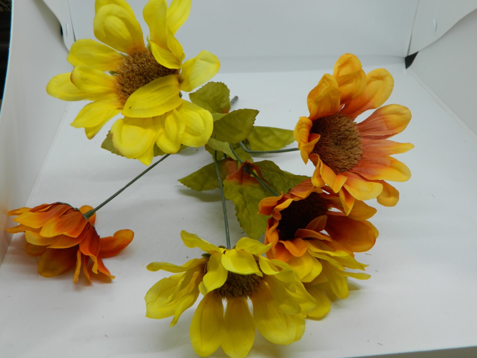 7 Piece Orange & Yellow Faux Flower Bouquet Bunch Mixed Assorted Vintage 13-14″