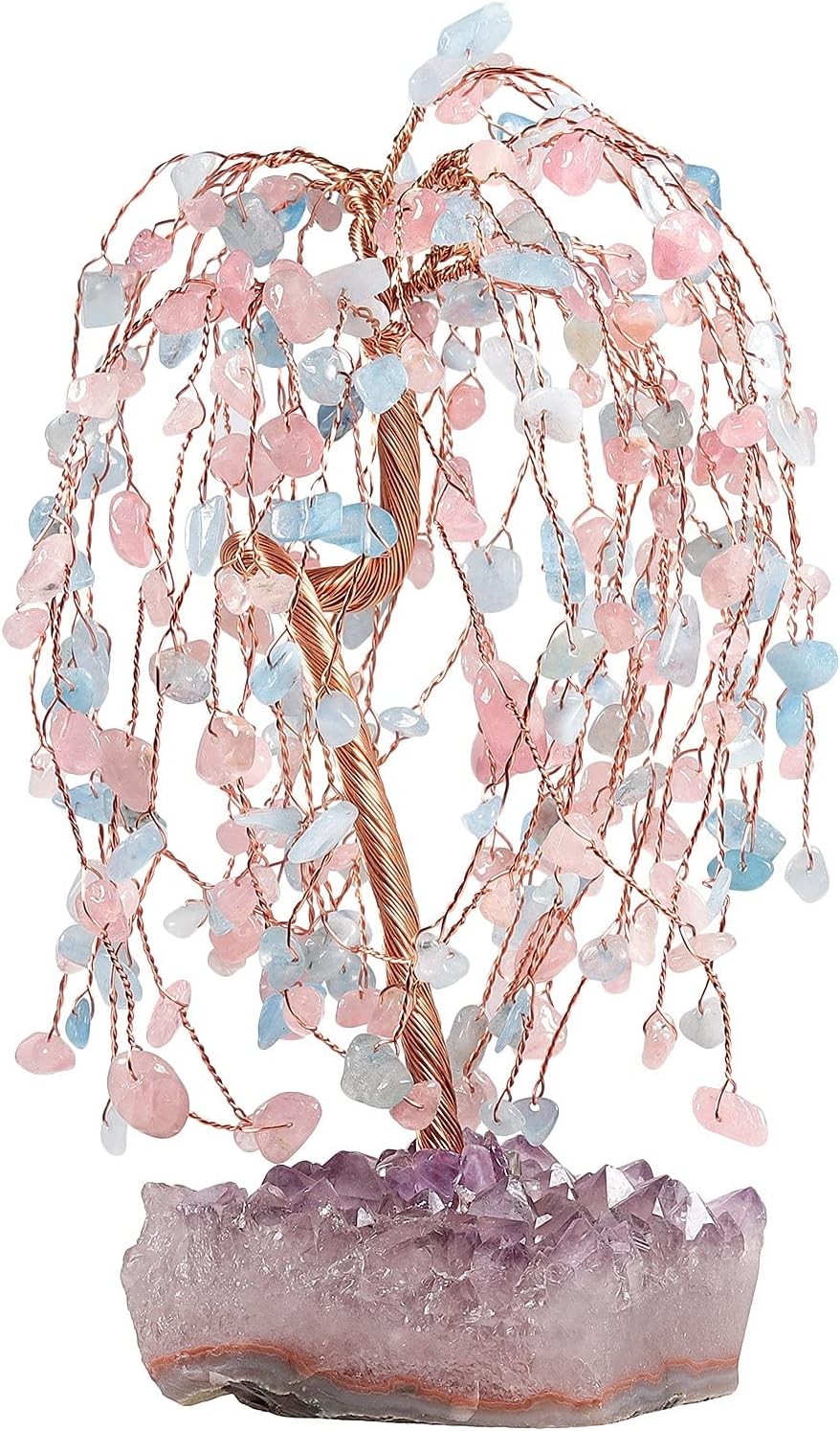 SUNYIK Rose Quartz and Aquamarine Healing Crystal Money Tree Set on Pink/Blue