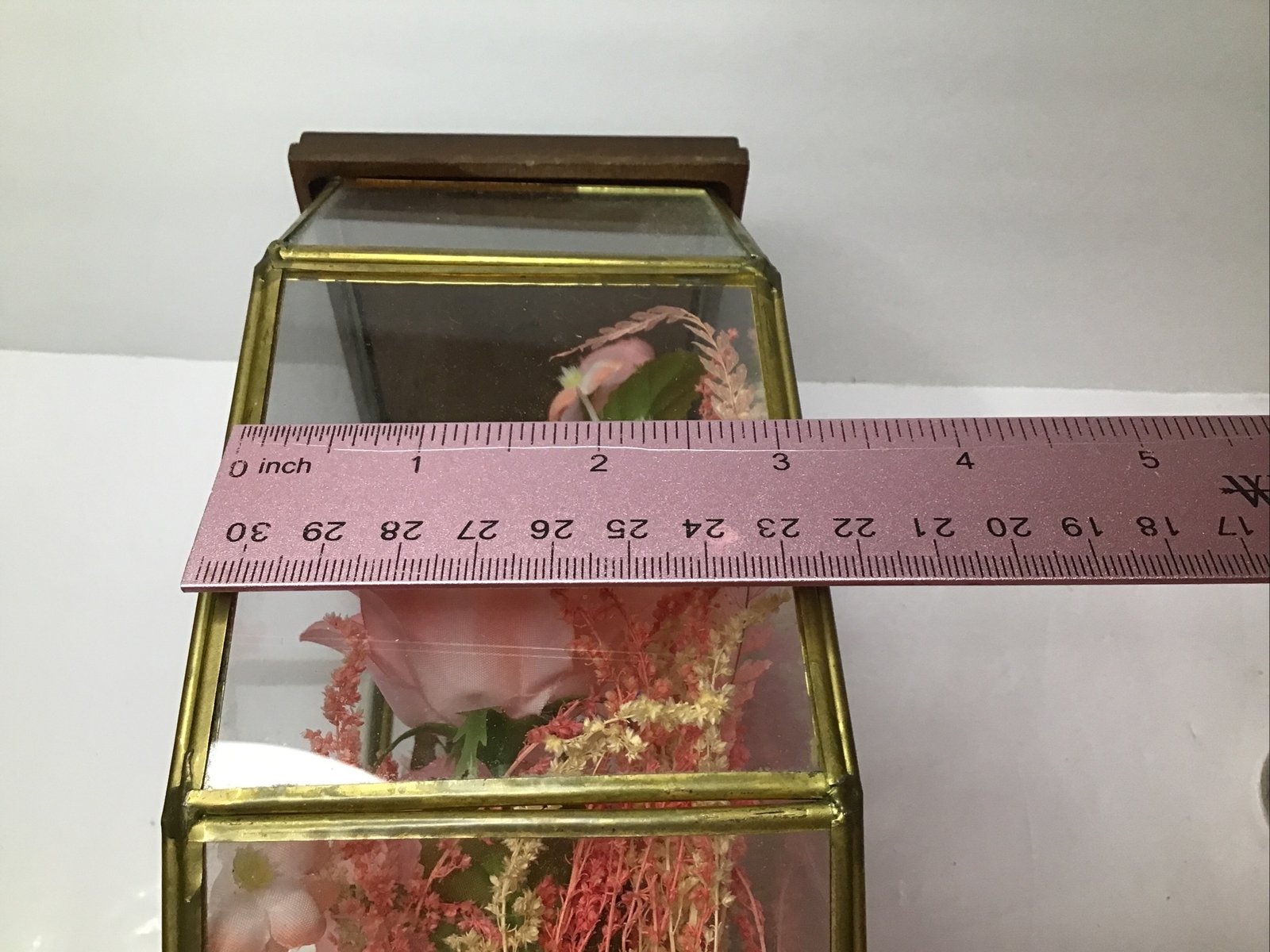 Display Case w Tea Lite Holder Pink Silk Flowers Wood and Brass Vintage