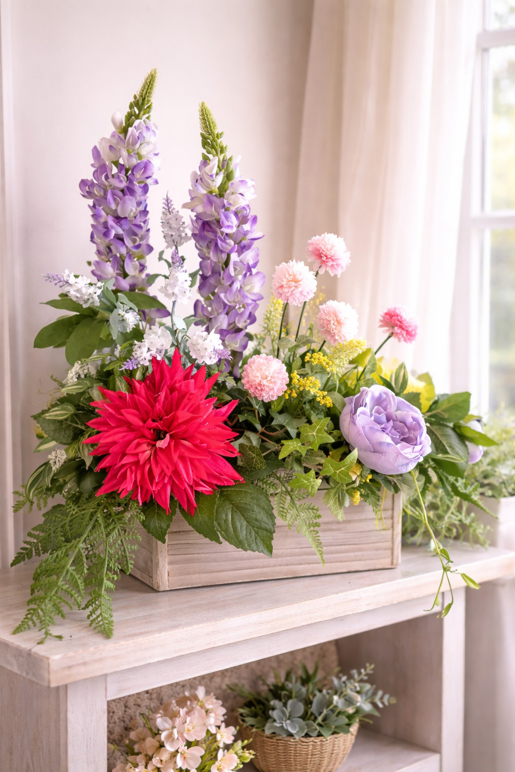 Silk Floral Arrangement: Spring Garden Cottage Style in Unfinished Wood