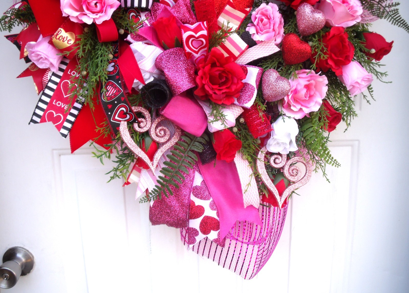 Valentine Ribbons & Roses Wreath-Hearts-Greenery, Reds/Pinks/White-Door or Wall
