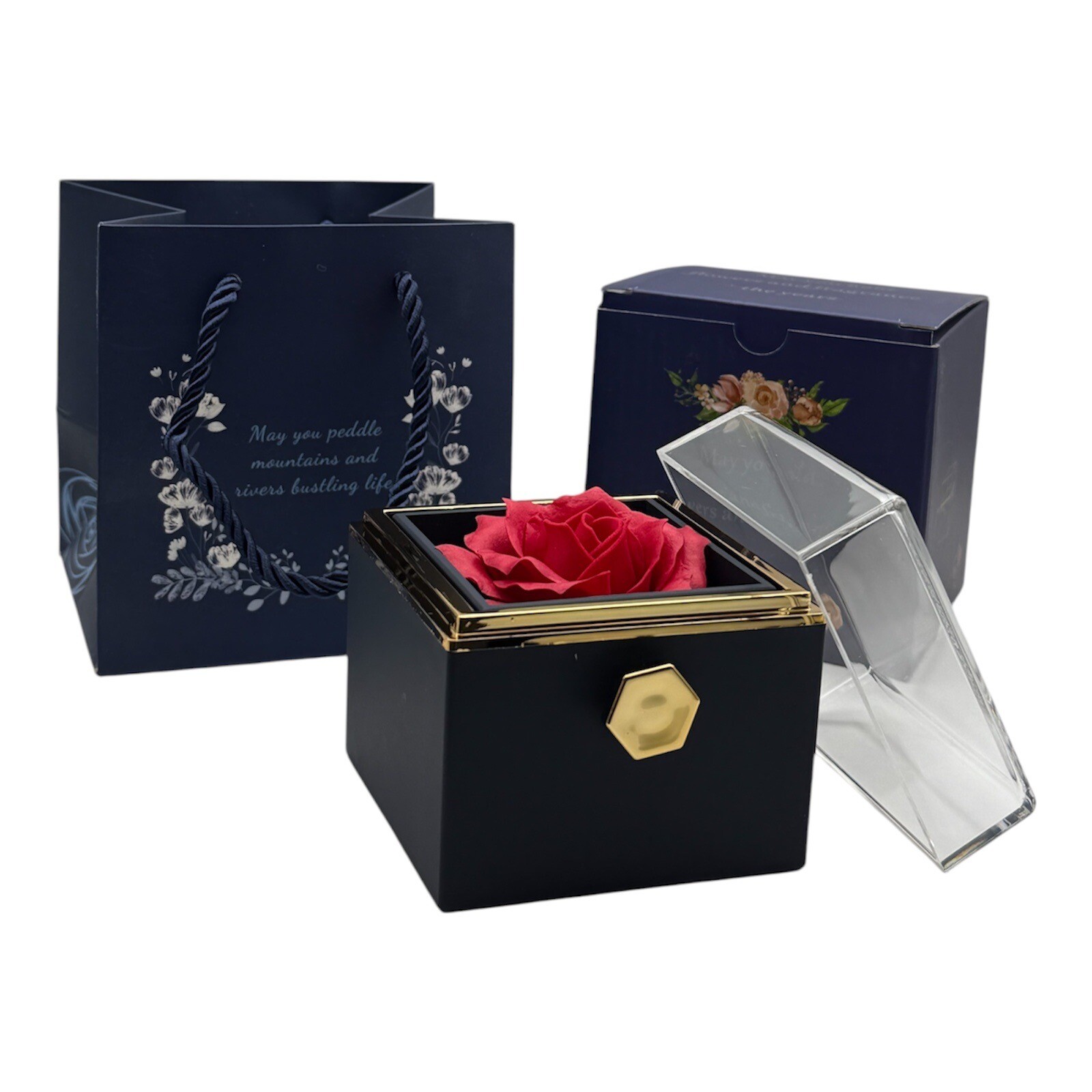 Rotating Blue Valentine wedding Eternal Rose Flower Ring Necklace Gift Box