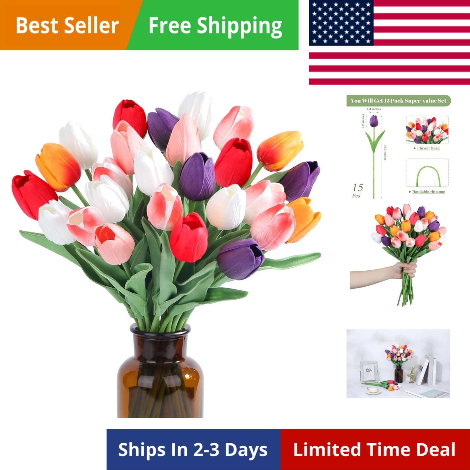 Fake Flowers Tulips Artificial PU Flower 15pcs Real Touch 14″ for Spring East…