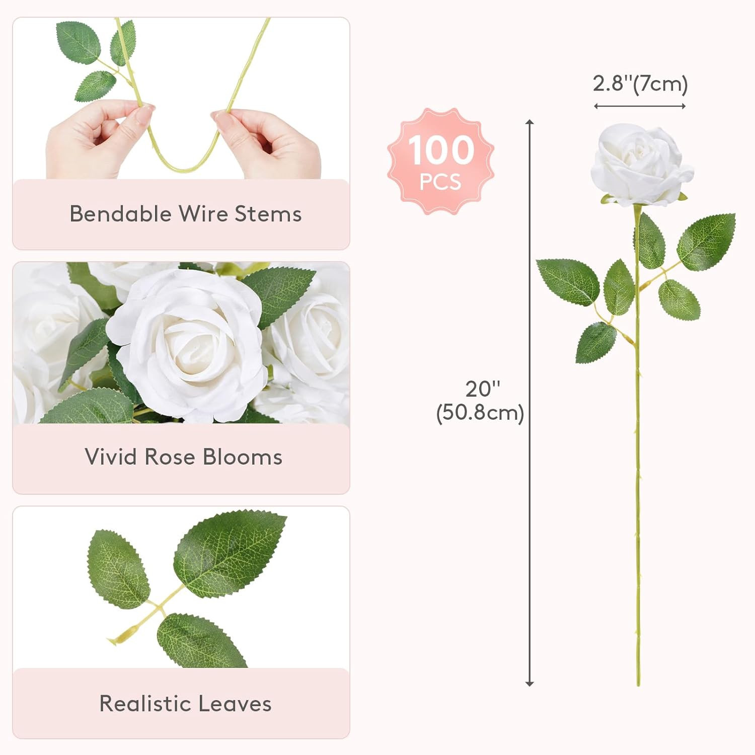 100 Pcs White Silk Roses – Perfect for Weddings, Bouquets & Decorations