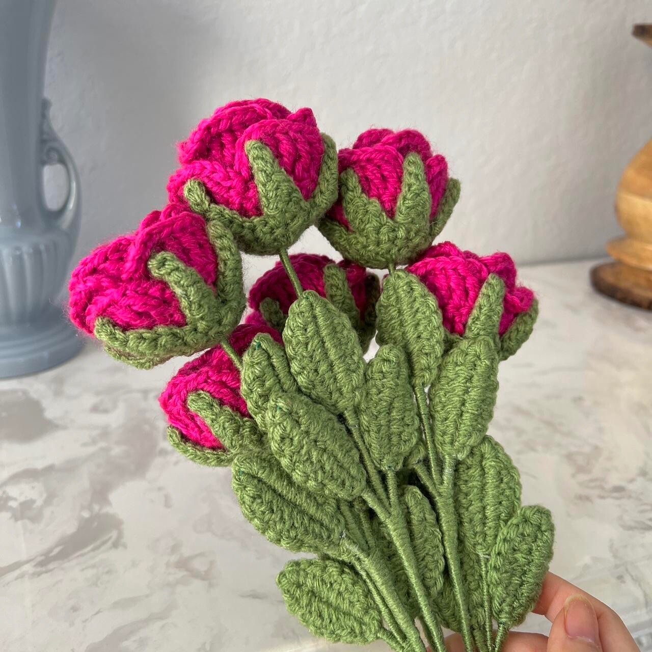 Handmade Crochet Knitted Hot Pink Fuchsia Half Dozen Rose Flower Bouquet 6 Stems