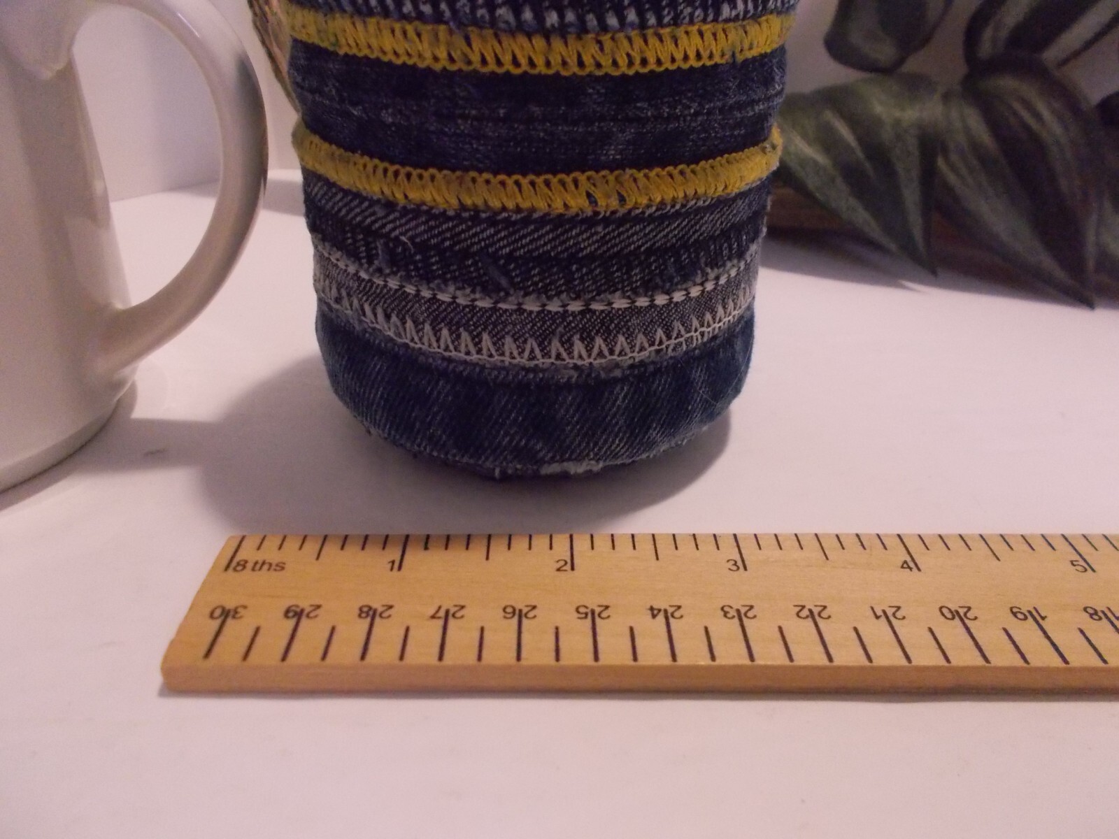 Southpaw Comics Coffee Mug w Handmade Denim Roses and Denim Seams Jar Vase