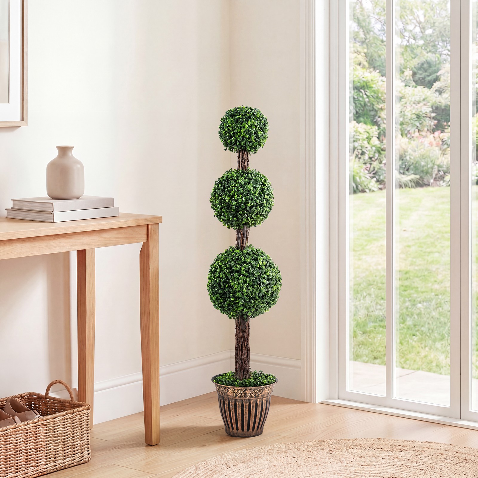 2PCS Artificial Triple Ball Boxwood Tree, Fake Topiary Tree w/ Retro Planter