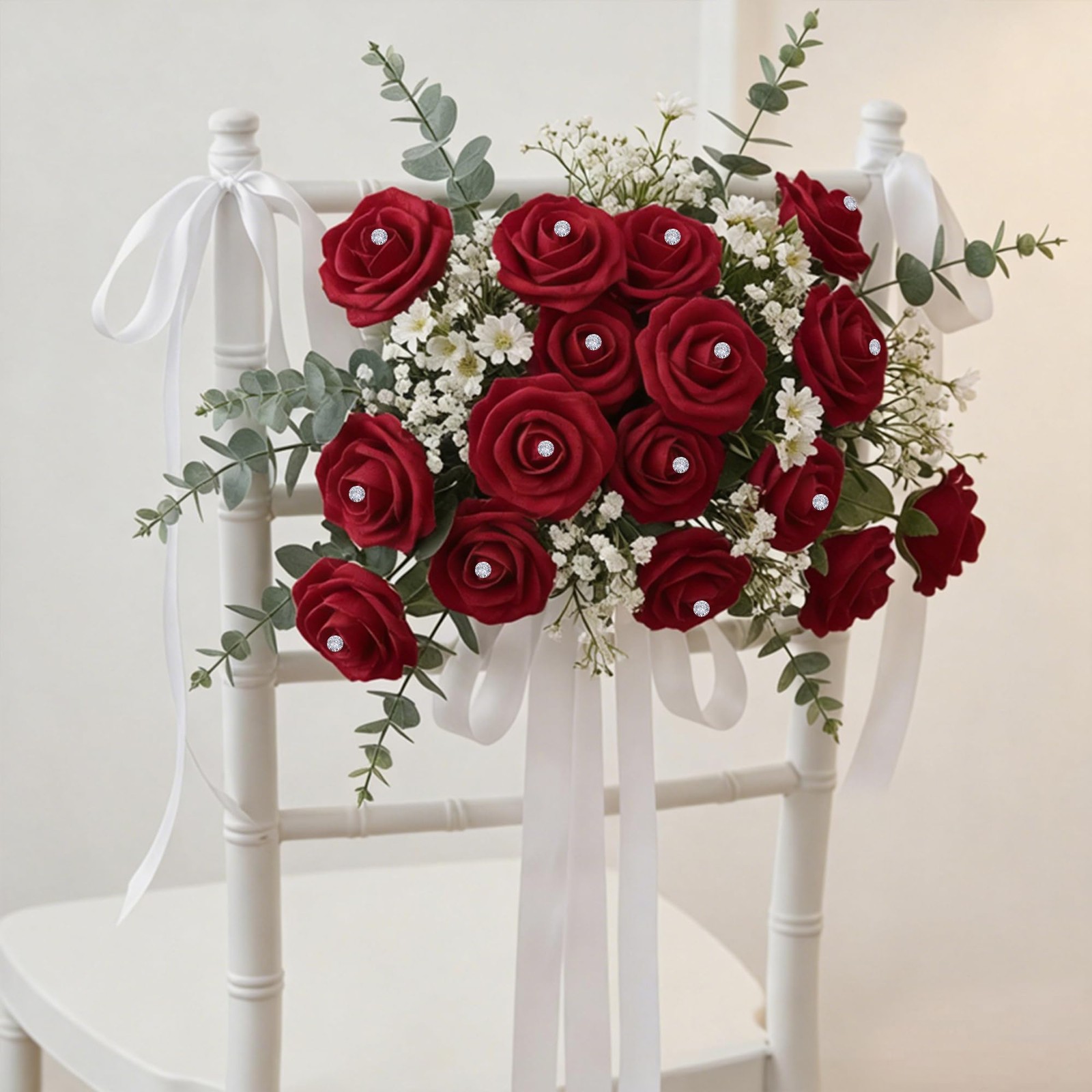 100Pcs Real Looking Burgundy with Diamonds Artificial Rose Flower Heads, Foam…