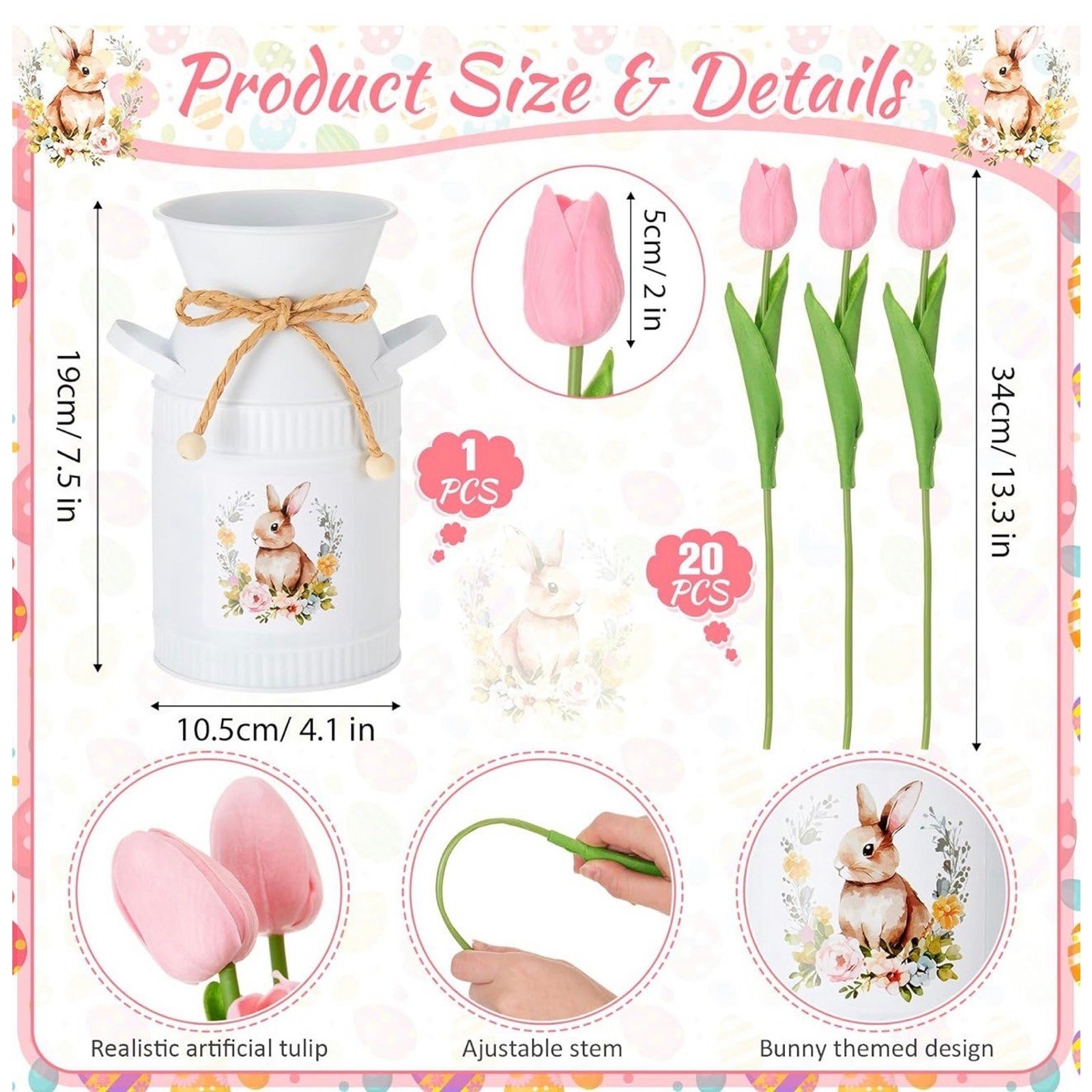 Pink Tulip Arrangement Bunny Metal Milk Can Vase Easter Spring Decor