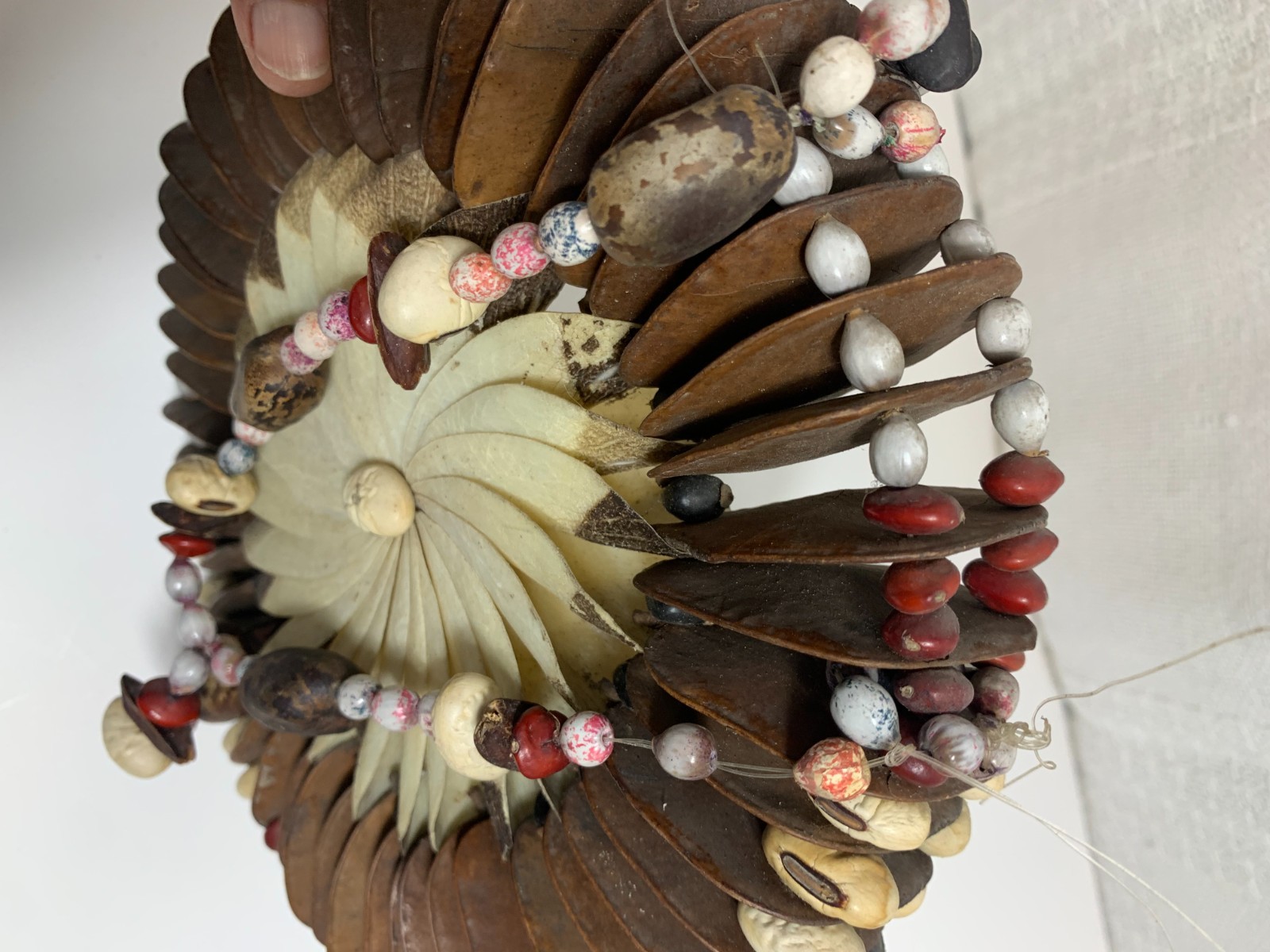 Vintage Ethnic Bean Pod Wall Wreath or Necklace Brown White Color Beans Decor