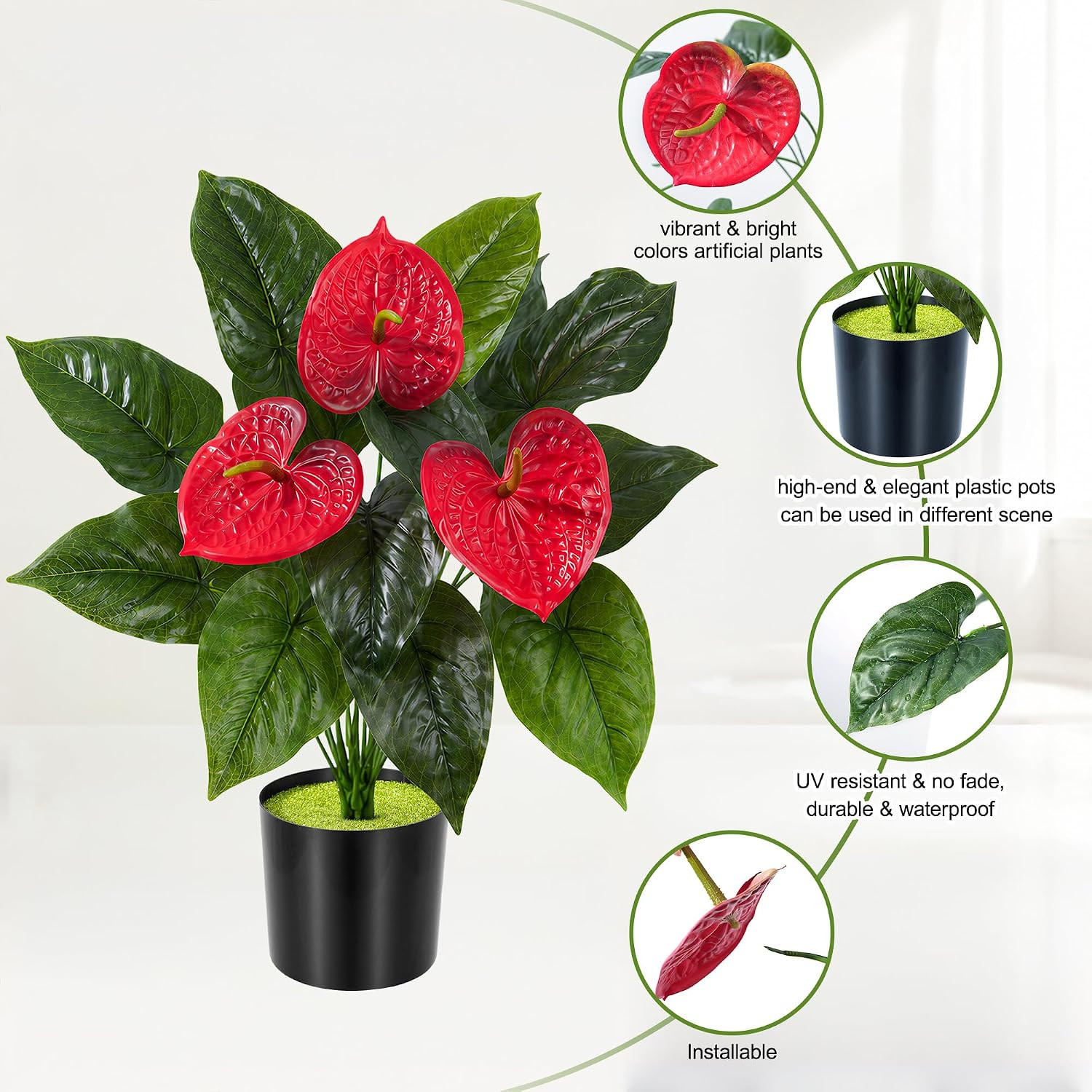 2 Pack Anthurium Artificial Flowers Plants with Pots for Indoor Outdoor Decorati