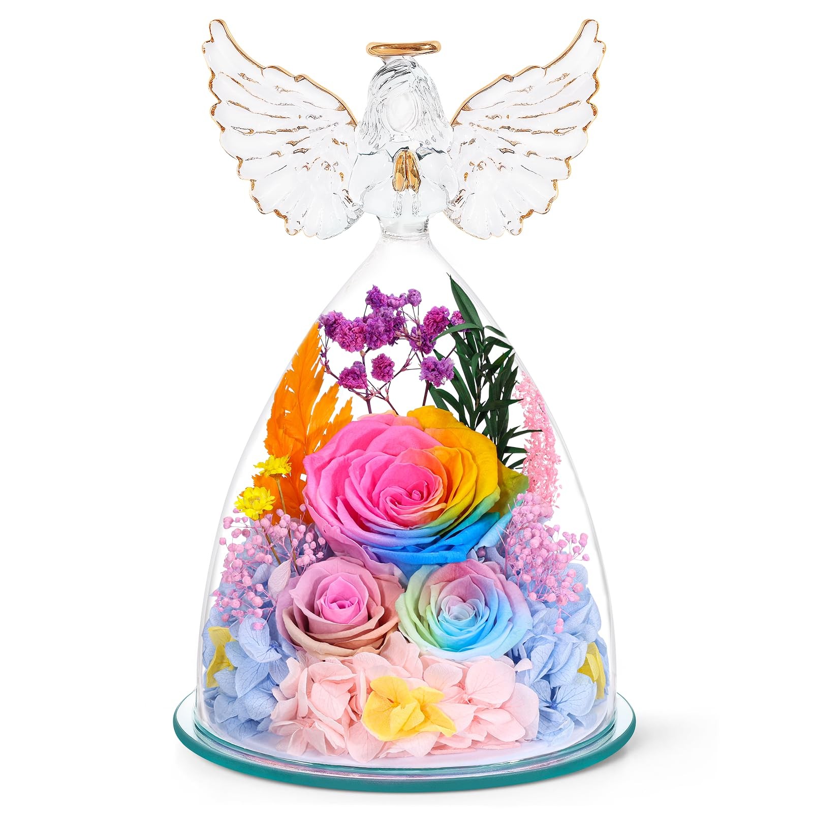 Gifts for Mom Preserved Rose Forever Flower in Glass Angel Figurine Fresh Flo…