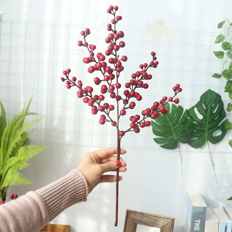 Berry Red Artificial Christmas Branch Fake Flower Branches Décor 5Fork 1Pc Xmas
