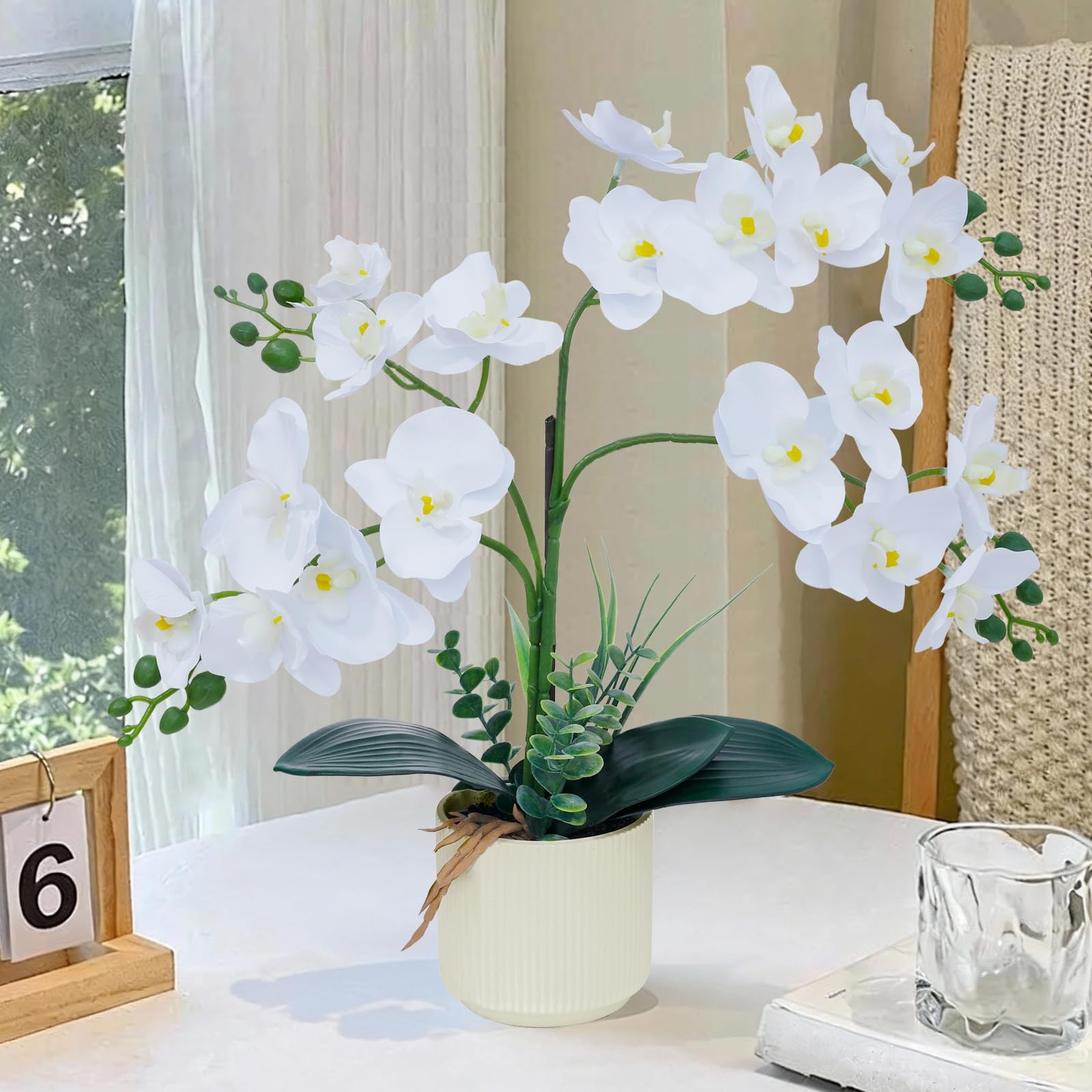 White 15.7″ 3D Lifelike Artificial Orchid Plant with 20 Heads, Realistic Faux…